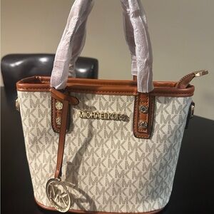 Cream and Brown Small Tote/Crossbody Bag with Monogram MK Pattern